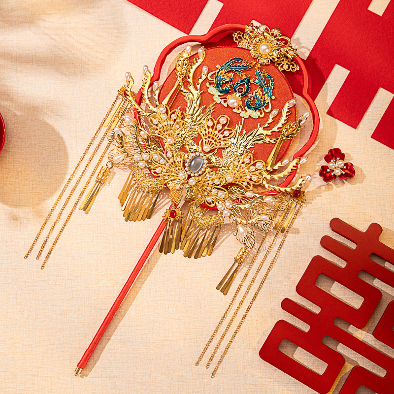 Dancing Phoenix Red Flower wedding fan