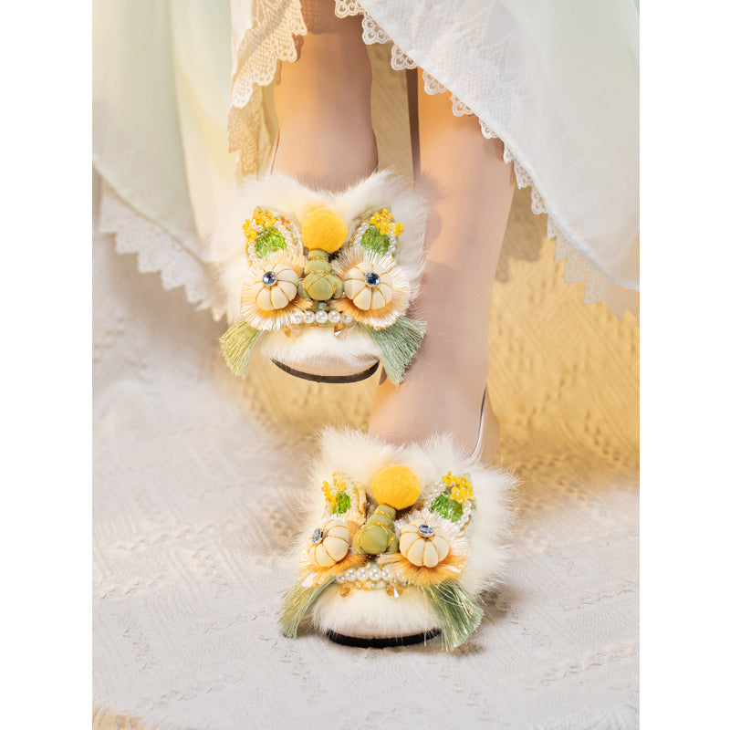 Rabbit fur tiger head shoes